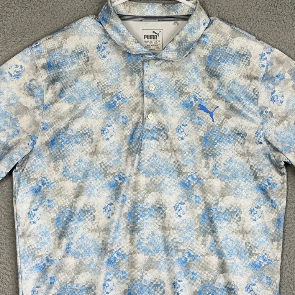 Puma Polo Shirt Mens Medium Blue Grey Golf Digital Camo Performance‎ Rugby Logo